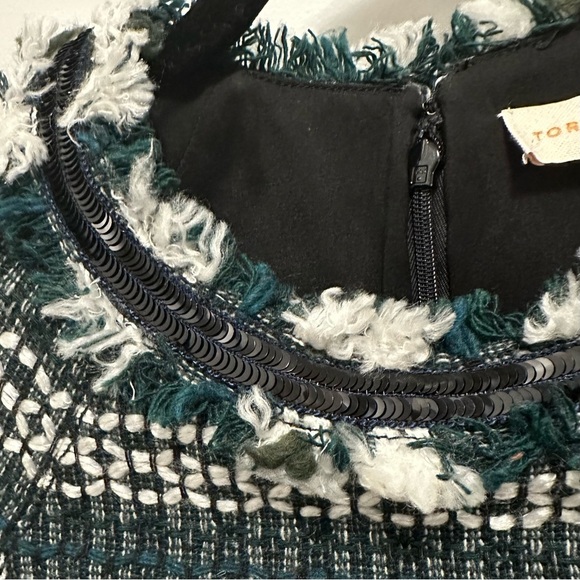 Tory Burch Norfolk Striped Tweed Dress 2 Cap Sleeve Fit & Flare Green Blk Wht - Picture 6 of 12